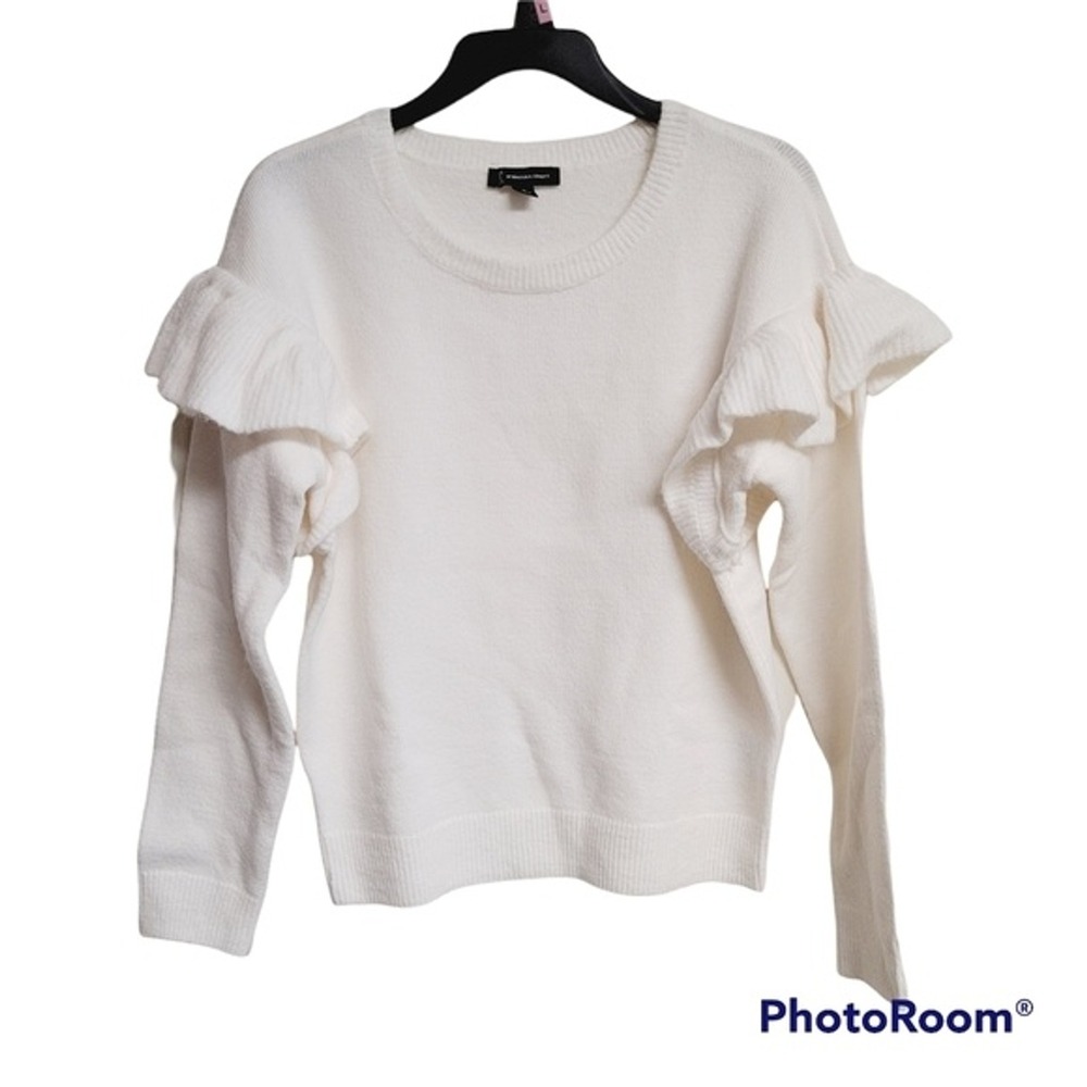 INC Off White Ribbed Ruffle Shoulder Sweater Knit Top Size Medium Nwt